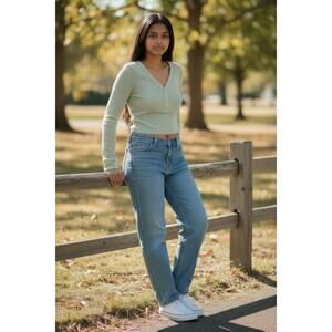 TNA Aritzia Waffle Knit Henley Top 2XS Sage Green Ribbed Long Sleeve Fitted